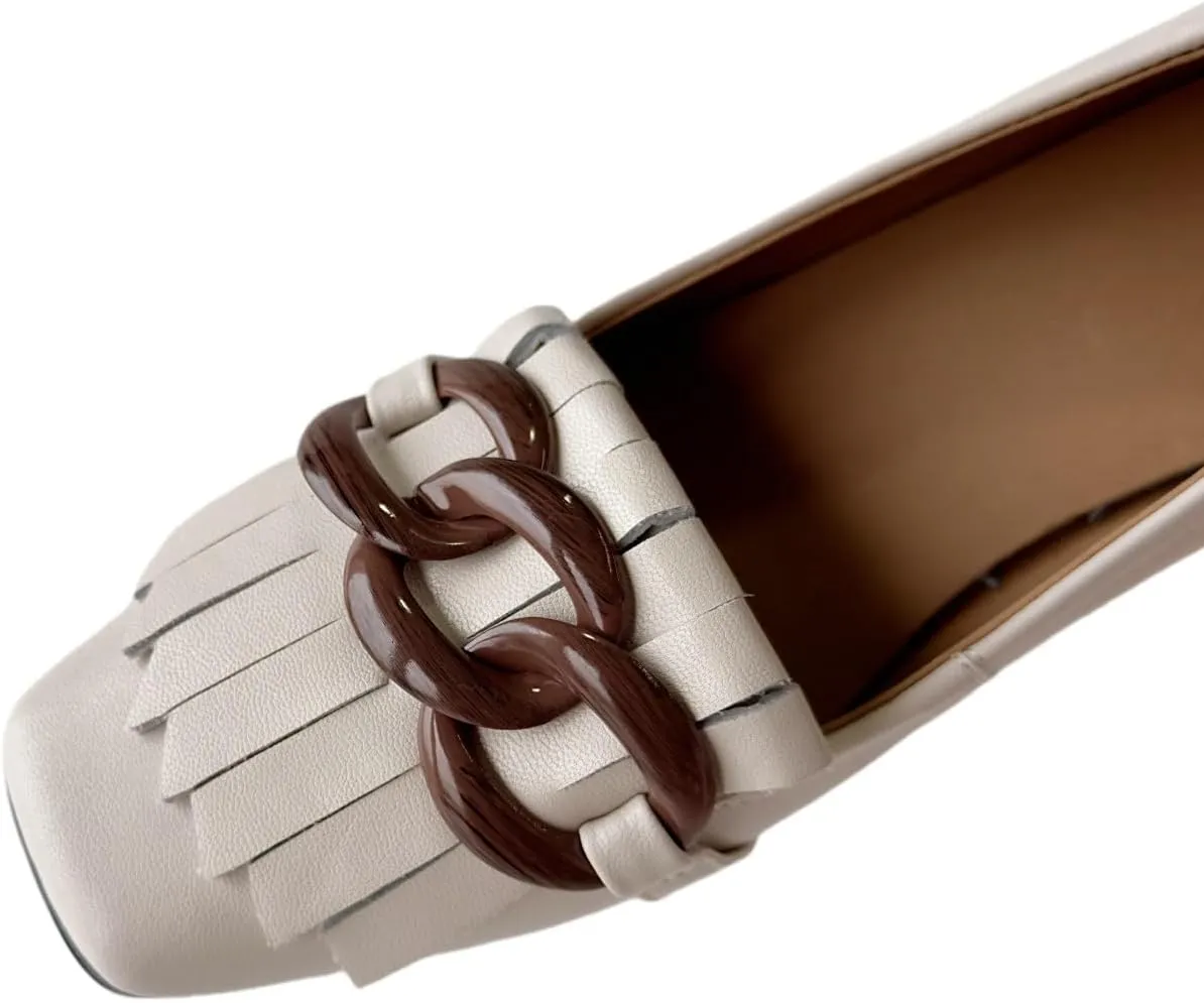 TinaCus Women's Genuine Leather Square Handmade Tassels Chunky Heel Retro Loafers Shoes with Chain