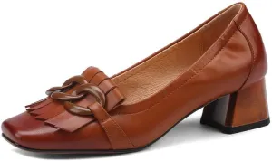 TinaCus Women's Genuine Leather Square Handmade Tassels Chunky Heel Retro Loafers Shoes with Chain