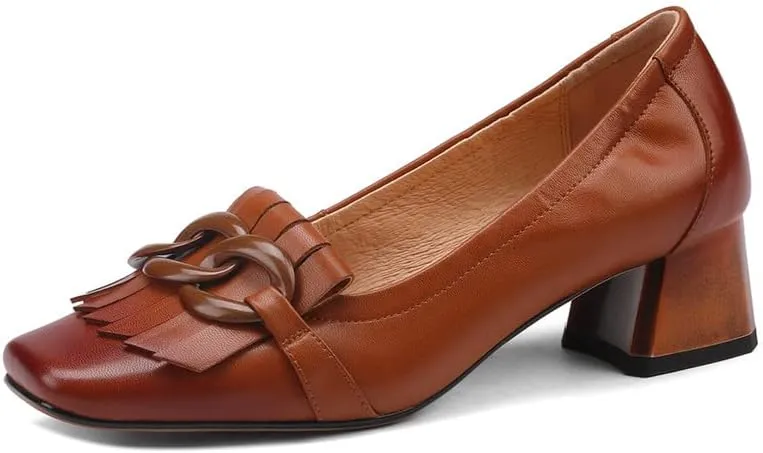 TinaCus Women's Genuine Leather Square Handmade Tassels Chunky Heel Retro Loafers Shoes with Chain
