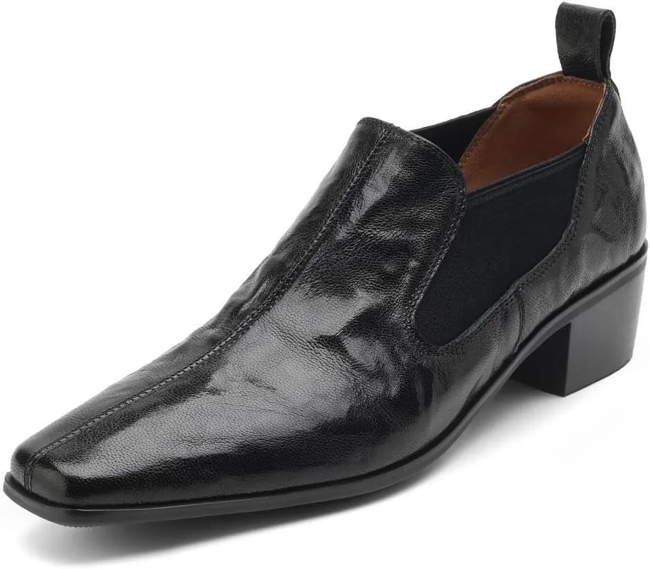TinaCus Women's Genuine Leather Square Toe Elastic Handmade Chunky Heel Loafers Pumps Shoes