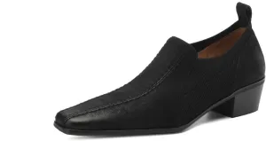 TinaCus Women's Genuine Leather Square Toe Stitching Elastic Handmade Chunky Heel Loafers Pumps Shoes