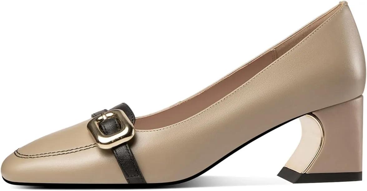 TinaCus Womne's Square Toe Genuine Leather Handmade Block Heels Casual Loafers with Metal Buckle