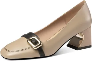 TinaCus Womne's Square Toe Genuine Leather Handmade Block Heels Casual Loafers with Metal Buckle