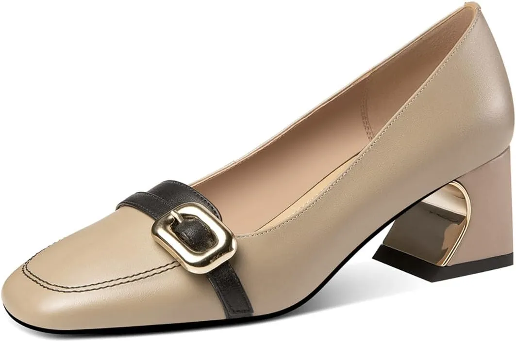 TinaCus Womne's Square Toe Genuine Leather Handmade Block Heels Casual Loafers with Metal Buckle