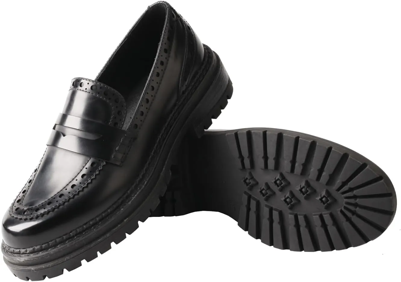 TMA EYES British Style Round Toe Chunky Platform Slip-On Loafers Women's Leather Shoes