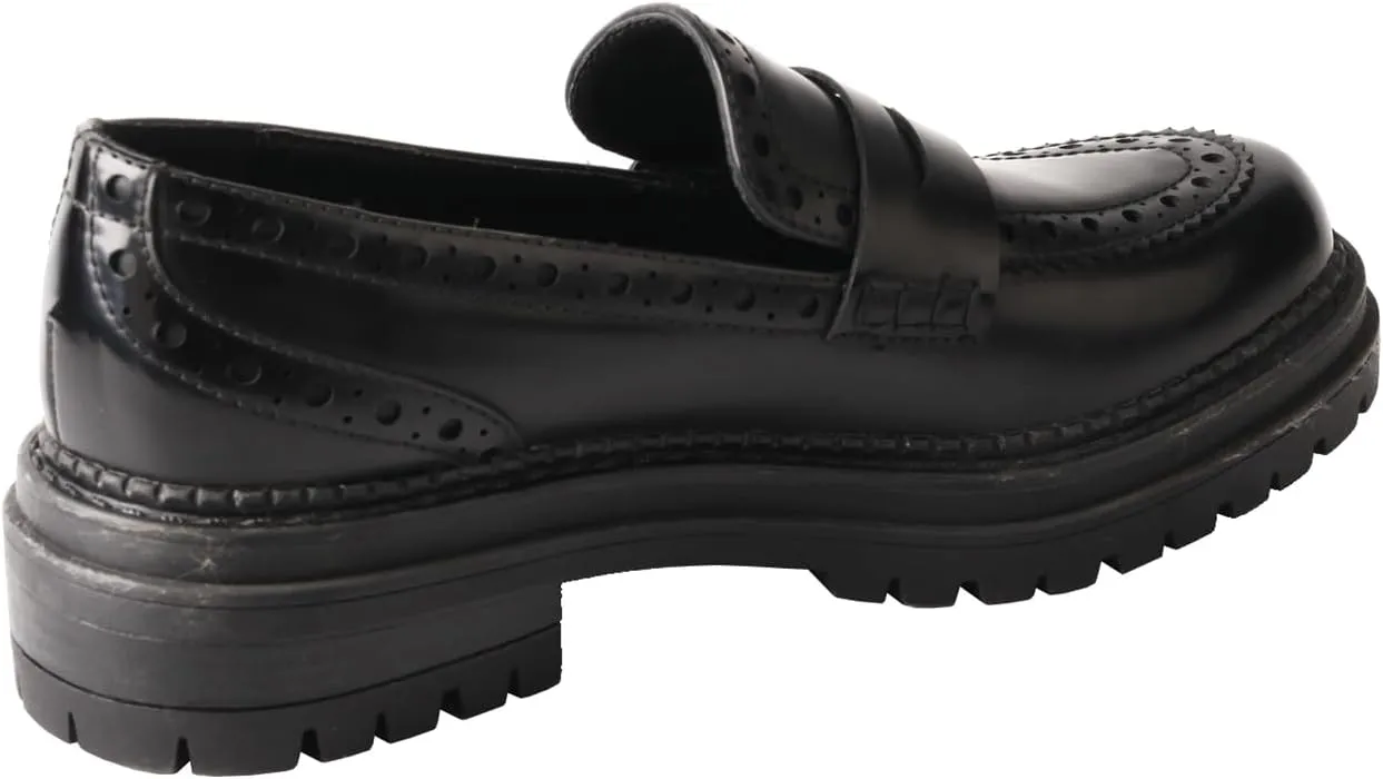 TMA EYES British Style Round Toe Chunky Platform Slip-On Loafers Women's Leather Shoes