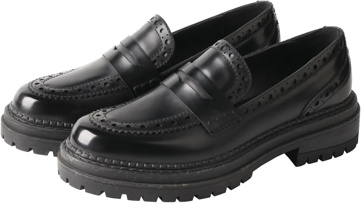 TMA EYES British Style Round Toe Chunky Platform Slip-On Loafers Women's Leather Shoes