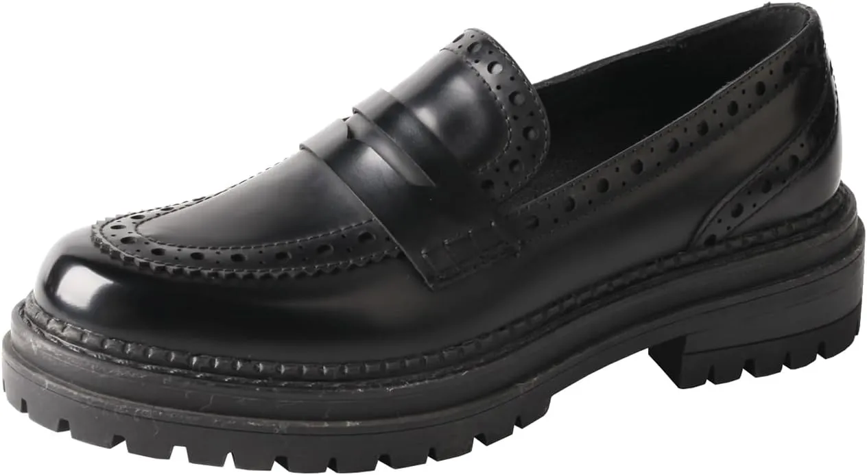 TMA EYES British Style Round Toe Chunky Platform Slip-On Loafers Women's Leather Shoes