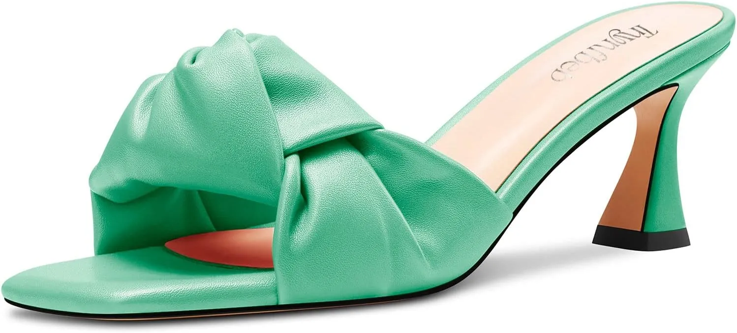 TNYNFBEB Women Chunky Block Mid Heel Square Toe Sandals Mules Shoes Slip-on Bow-knot Party Basic Classic 2.6 Inches Heels