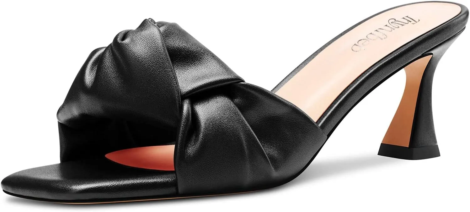 TNYNFBEB Women Chunky Block Mid Heel Square Toe Sandals Mules Shoes Slip-on Bow-knot Party Basic Classic 2.6 Inches Heels