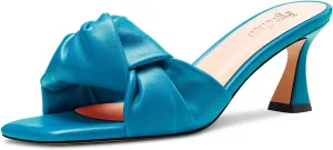 TNYNFBEB Women Chunky Block Mid Heel Square Toe Sandals Mules Shoes Slip-on Bow-knot Party Basic Classic 2.6 Inches Heels