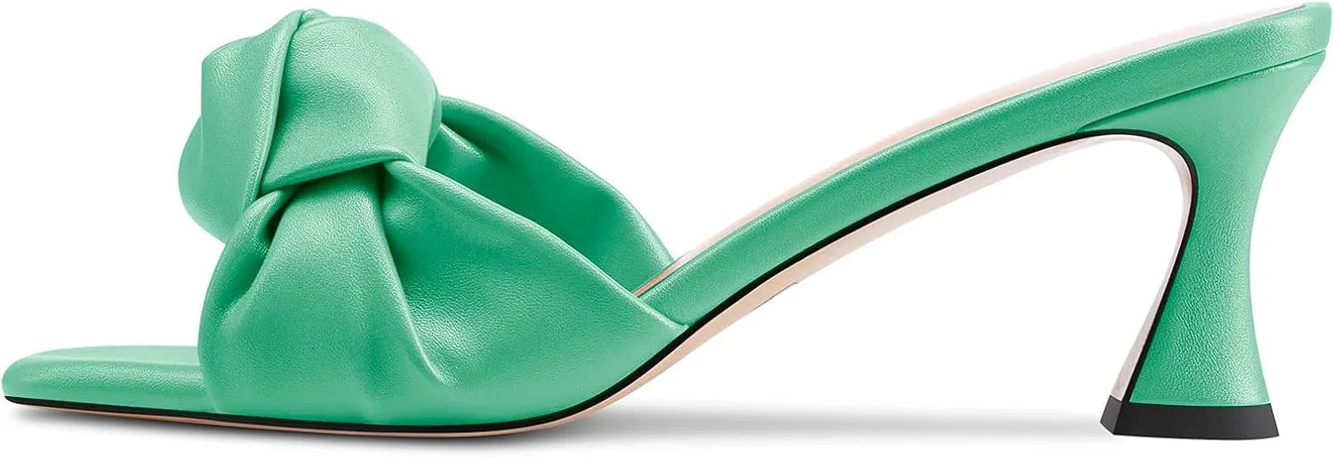 TNYNFBEB Women Chunky Block Mid Heel Square Toe Sandals Mules Shoes Slip-on Bow-knot Party Basic Classic 2.6 Inches Heels