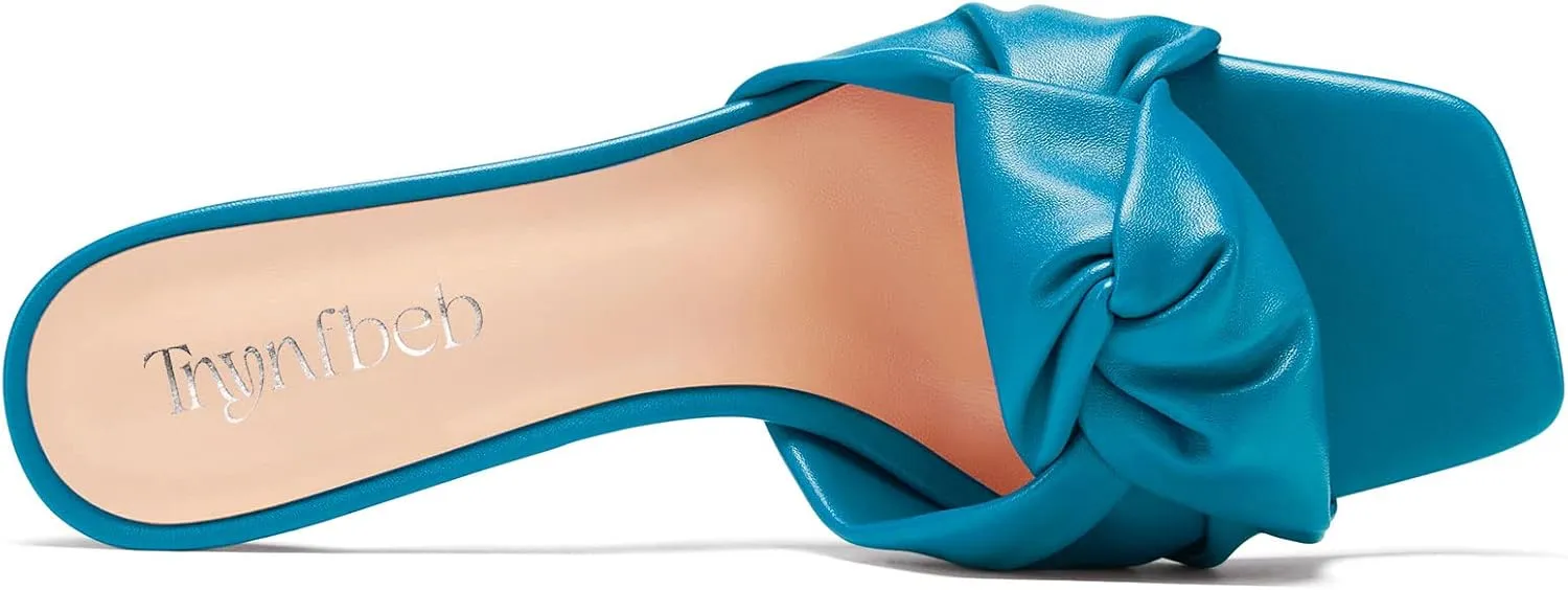 TNYNFBEB Women Chunky Block Mid Heel Square Toe Sandals Mules Shoes Slip-on Bow-knot Party Basic Classic 2.6 Inches Heels