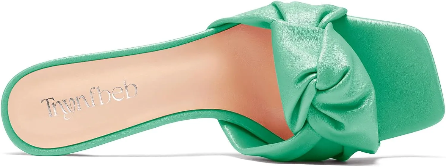 TNYNFBEB Women Chunky Block Mid Heel Square Toe Sandals Mules Shoes Slip-on Bow-knot Party Basic Classic 2.6 Inches Heels