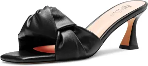 TNYNFBEB Women Chunky Block Mid Heel Square Toe Sandals Mules Shoes Slip-on Bow-knot Party Basic Classic 2.6 Inches Heels
