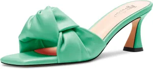 TNYNFBEB Women Chunky Block Mid Heel Square Toe Sandals Mules Shoes Slip-on Bow-knot Party Basic Classic 2.6 Inches Heels