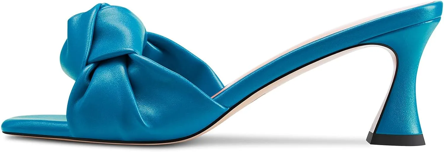 TNYNFBEB Women Chunky Block Mid Heel Square Toe Sandals Mules Shoes Slip-on Bow-knot Party Basic Classic 2.6 Inches Heels