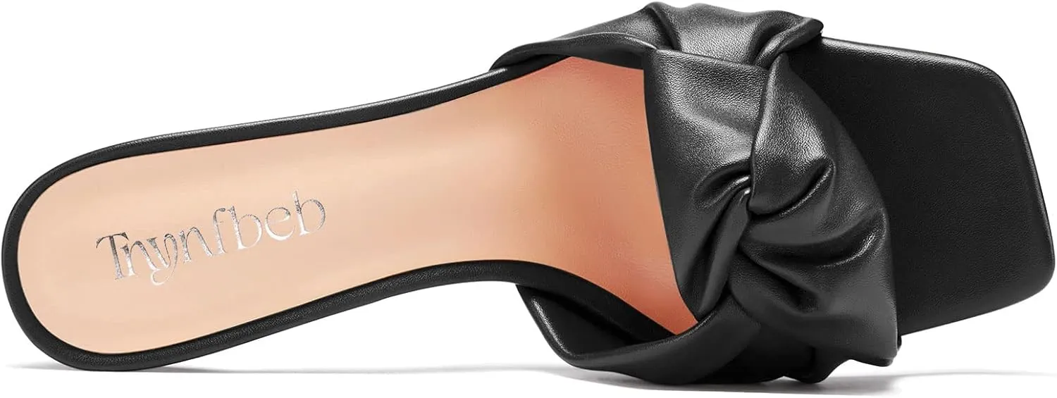 TNYNFBEB Women Chunky Block Mid Heel Square Toe Sandals Mules Shoes Slip-on Bow-knot Party Basic Classic 2.6 Inches Heels