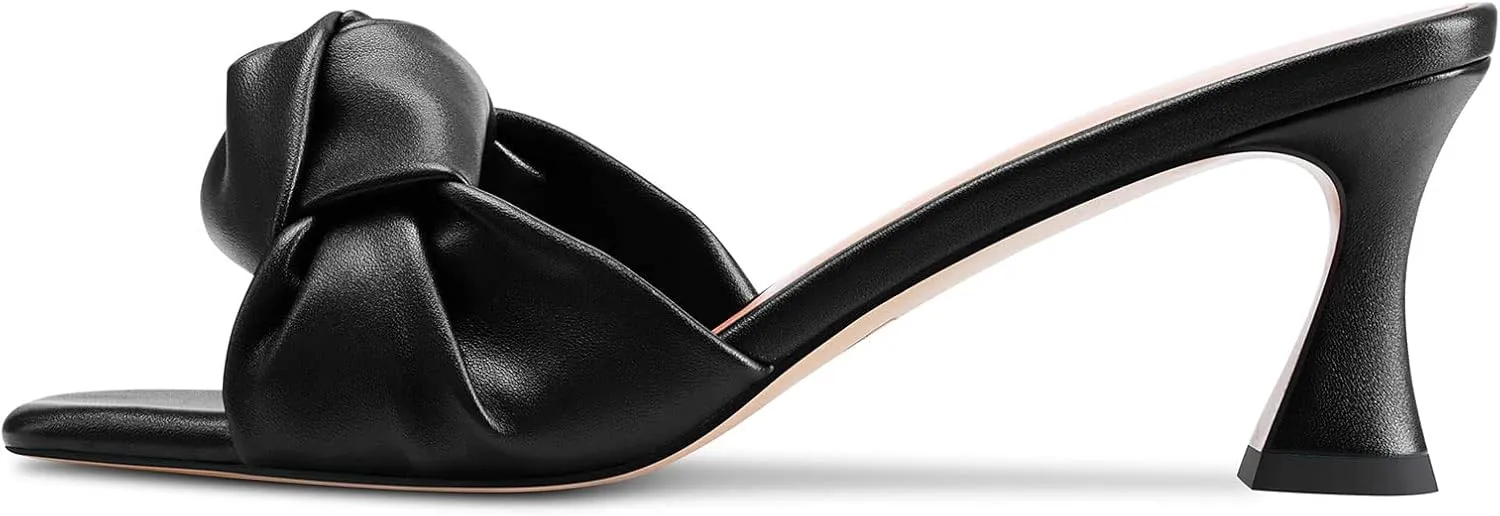 TNYNFBEB Women Chunky Block Mid Heel Square Toe Sandals Mules Shoes Slip-on Bow-knot Party Basic Classic 2.6 Inches Heels
