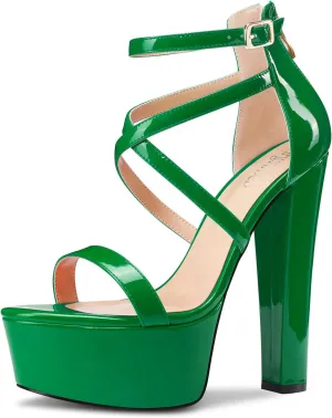 TNYNFBEB Womens Chunky Block High Platform Heel Peep Open Toe Sandals Cross-Strap Zipper Party Basic Classic 5.9 Inches Heels