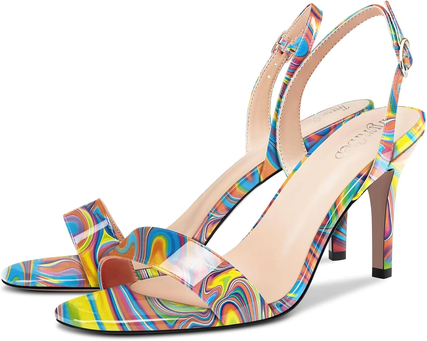 TNYNFBEB Womens Mid Heel Peep Open Toe Sandals Ankle Strap Slingback Buckle Prom Party Summer Basic Classic 3.2 Inches Heels