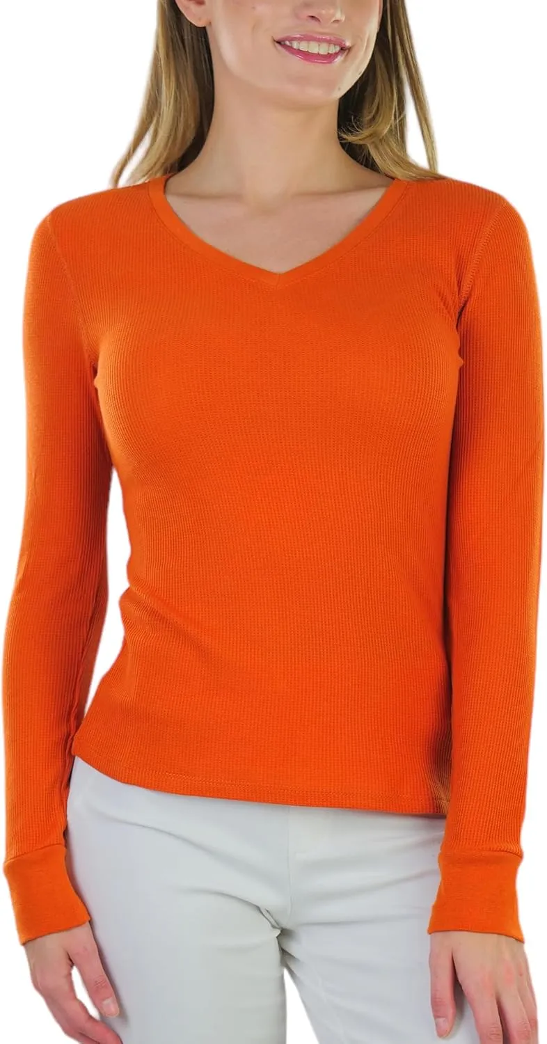 ToBeInStyle Junior Women's Slim Fit Long Sleeve V-Neck Thermal Shirt Waffle-Knit Layering Essential Cold Weather Top