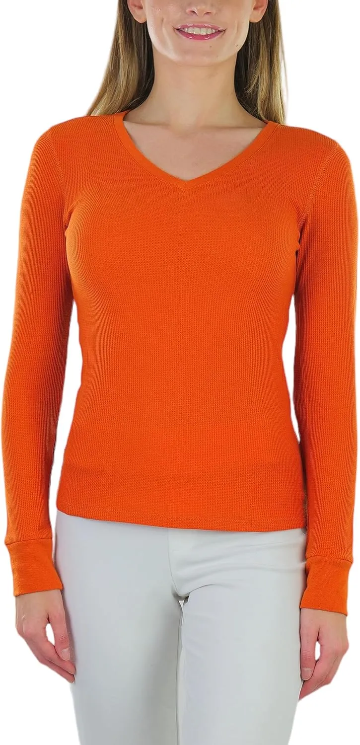 ToBeInStyle Junior Women's Slim Fit Long Sleeve V-Neck Thermal Shirt Waffle-Knit Layering Essential Cold Weather Top