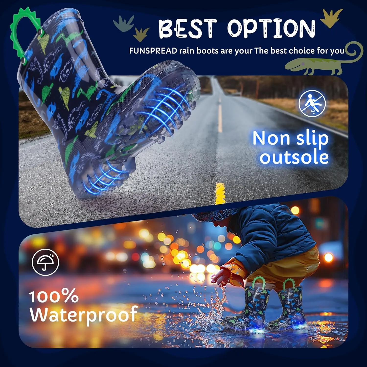 Toddlers Kids Rain Boots - Light Up Rain Boots for Boys Waterproof Outdoor Shoes with Easy-On Handles