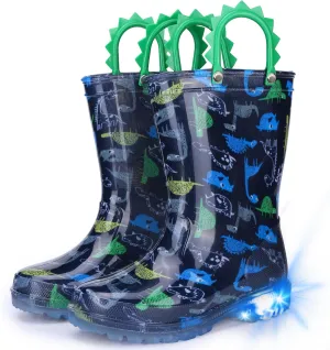 Toddlers Kids Rain Boots - Light Up Rain Boots for Boys Waterproof Outdoor Shoes with Easy-On Handles