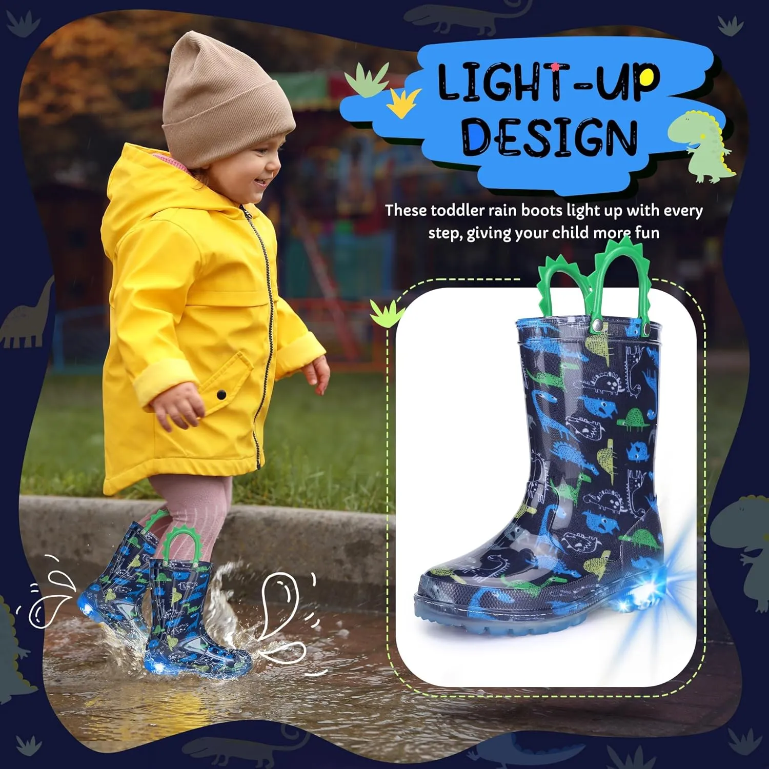Toddlers Kids Rain Boots - Light Up Rain Boots for Boys Waterproof Outdoor Shoes with Easy-On Handles