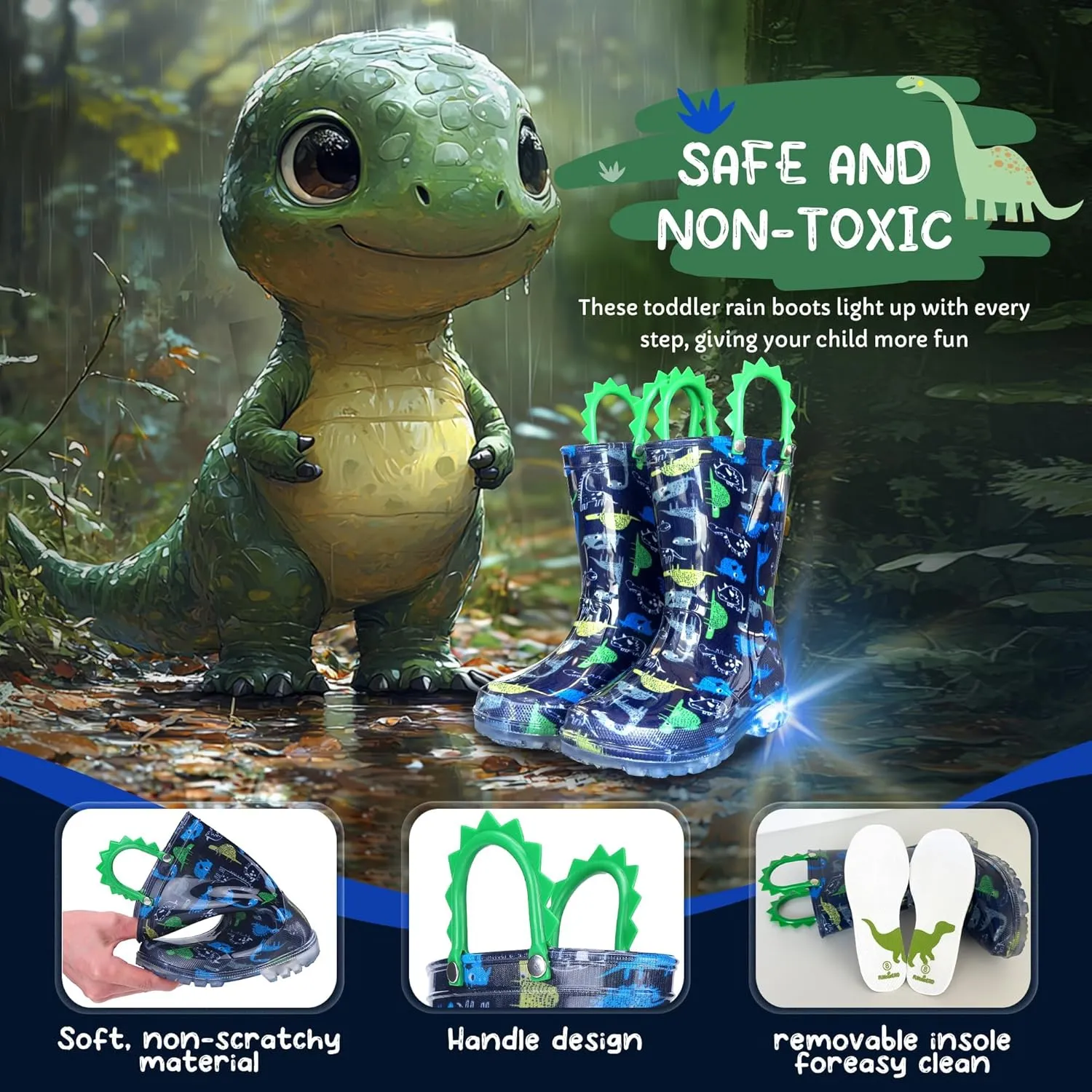 Toddlers Kids Rain Boots - Light Up Rain Boots for Boys Waterproof Outdoor Shoes with Easy-On Handles