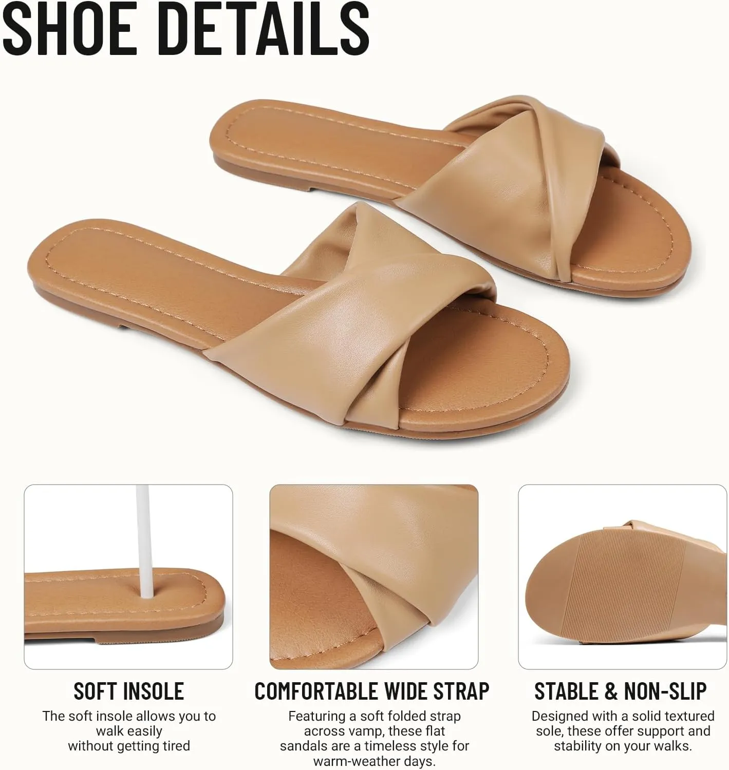 Tscoyuki Slides Sandals for Women Basic Slip On Flat Sandals Open Toe Comfort Beach Sandals Slippers for Casual Dressy Summer