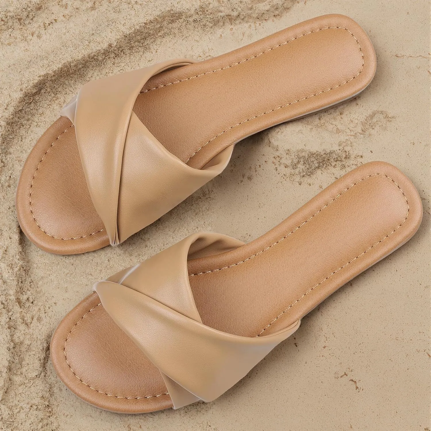 Tscoyuki Slides Sandals for Women Basic Slip On Flat Sandals Open Toe Comfort Beach Sandals Slippers for Casual Dressy Summer