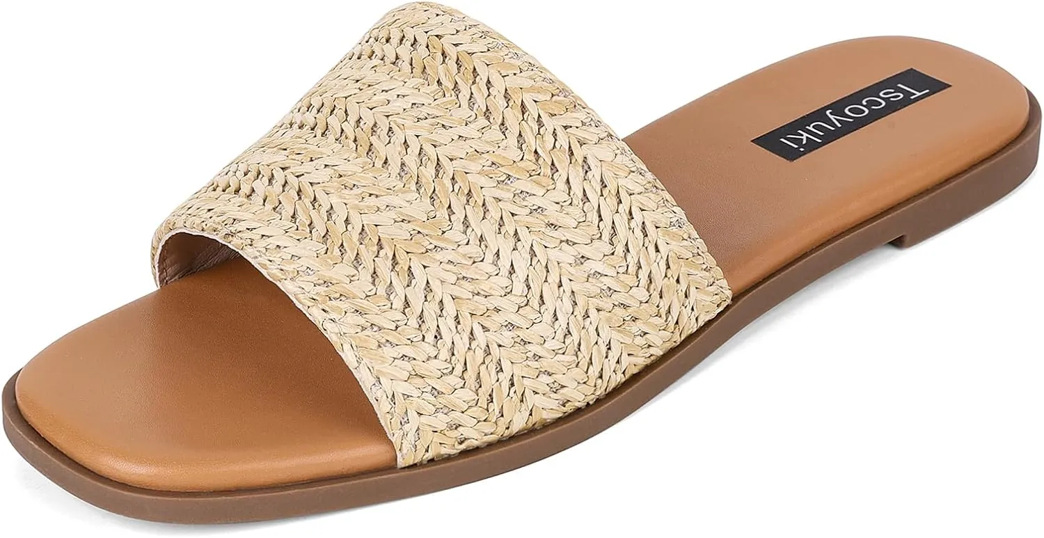 Tscoyuki Slides Sandals for Women Basic Slip On Flat Sandals Open Toe Comfort Beach Sandals Slippers for Casual Dressy Summer