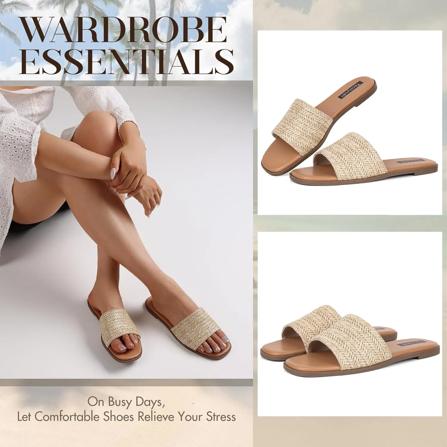 Tscoyuki Slides Sandals for Women Basic Slip On Flat Sandals Open Toe Comfort Beach Sandals Slippers for Casual Dressy Summer