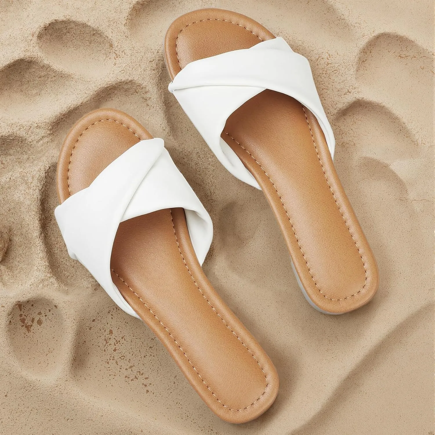 Tscoyuki Slides Sandals for Women Basic Slip On Flat Sandals Open Toe Comfort Beach Sandals Slippers for Casual Dressy Summer