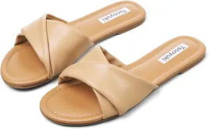 Tscoyuki Slides Sandals for Women Basic Slip On Flat Sandals Open Toe Comfort Beach Sandals Slippers for Casual Dressy Summer