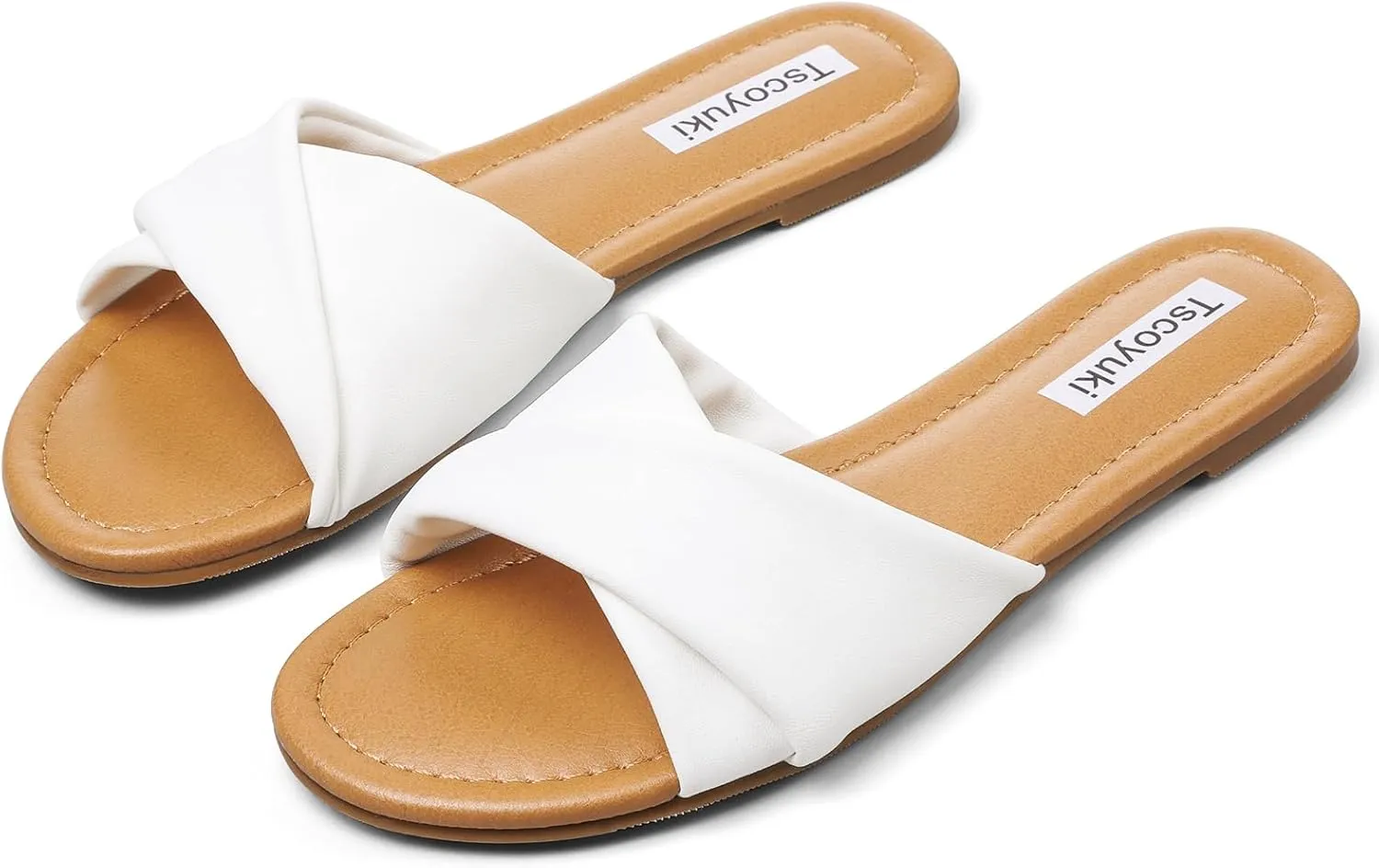 Tscoyuki Slides Sandals for Women Basic Slip On Flat Sandals Open Toe Comfort Beach Sandals Slippers for Casual Dressy Summer