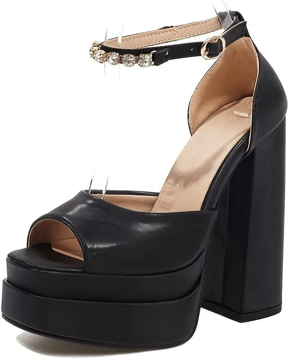 Tscoyuki Women's Platform Chunky Block High Heels, Fashion Peep Toe Ankle Strap Heeled Dress Sandals Pumps Shoes