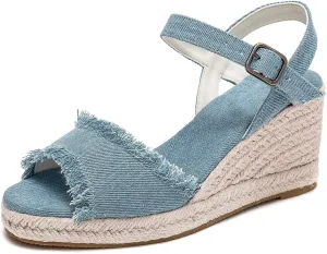 U-lite Peep Toe Canvas Espadrille Tassel Wedge Sandal for Women, Buckle Ankle Strap Flatform Casual Shoes