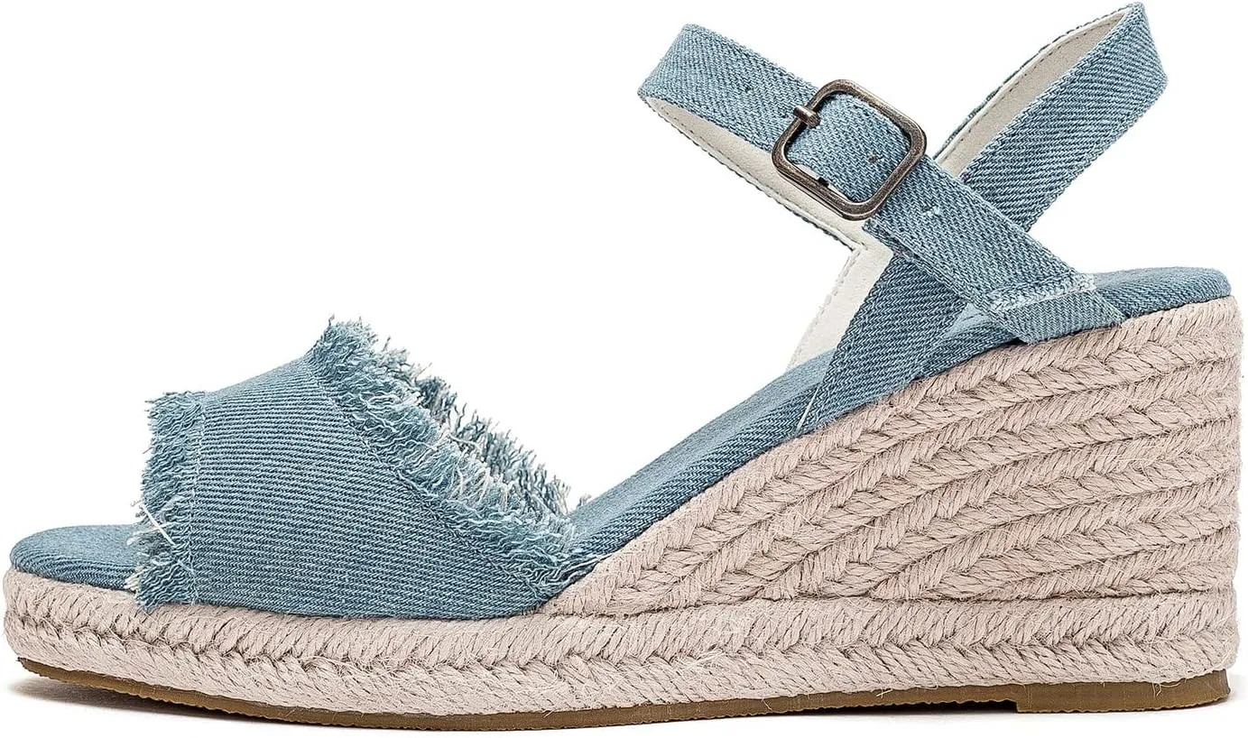 U-lite Peep Toe Canvas Espadrille Tassel Wedge Sandal for Women, Buckle Ankle Strap Flatform Casual Shoes