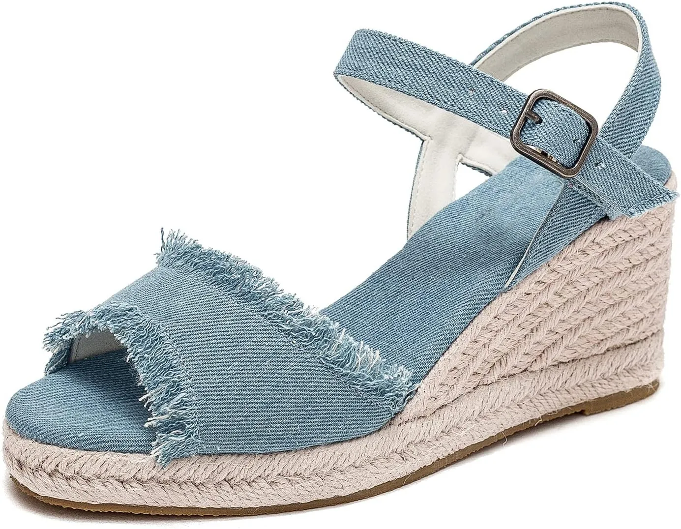 U-lite Peep Toe Canvas Espadrille Tassel Wedge Sandal for Women, Buckle Ankle Strap Flatform Casual Shoes
