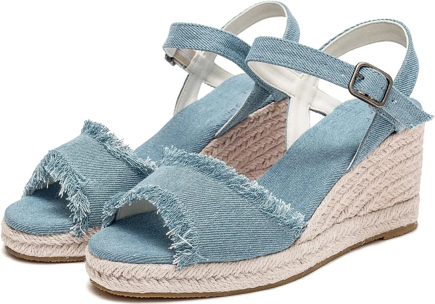 U-lite Peep Toe Canvas Espadrille Tassel Wedge Sandal for Women, Buckle Ankle Strap Flatform Casual Shoes