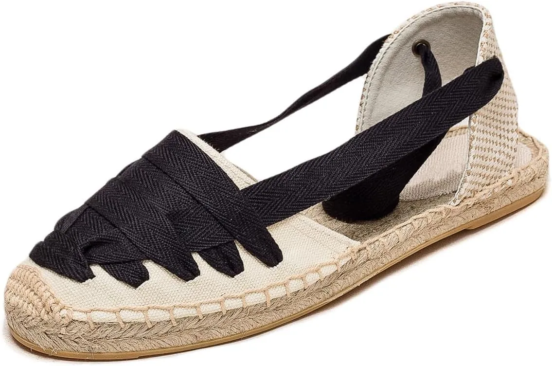 U-lite Women's Espadrille FLat Sandals Closed Toe Ankle Wrap,Classic Lace Up Summer Dressy Flat Shoes