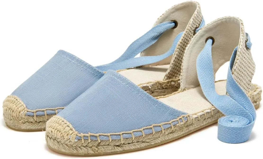 U-lite Women's Espadrille FLat Sandals Closed Toe Ankle Wrap,Classic Lace Up Summer Dressy Flat Shoes