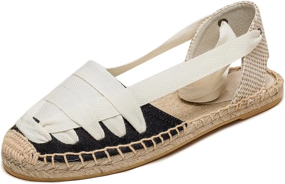 U-lite Women's Espadrille FLat Sandals Closed Toe Ankle Wrap,Classic Lace Up Summer Dressy Flat Shoes