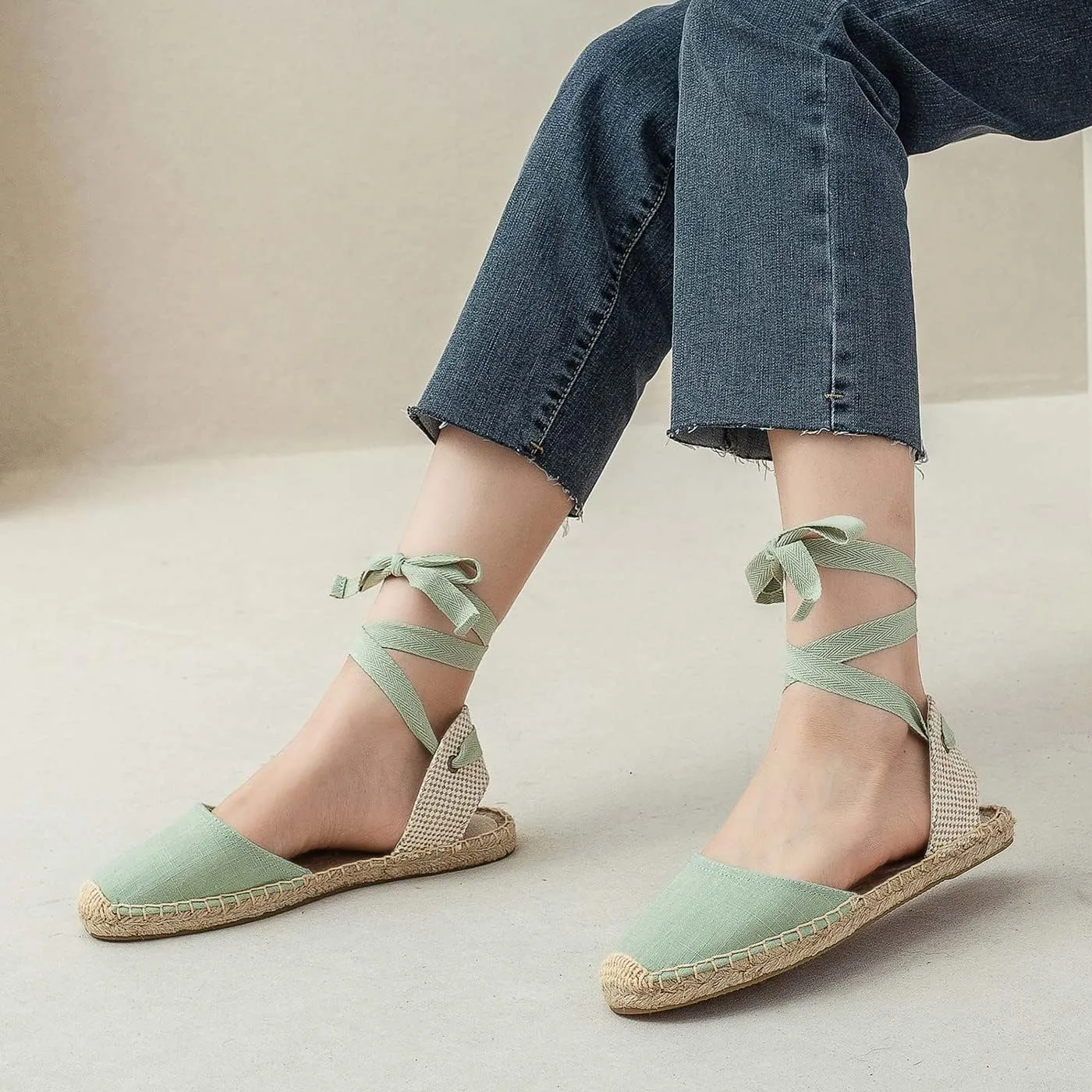 U-lite Women's Espadrille FLat Sandals Closed Toe Ankle Wrap,Classic Lace Up Summer Dressy Flat Shoes