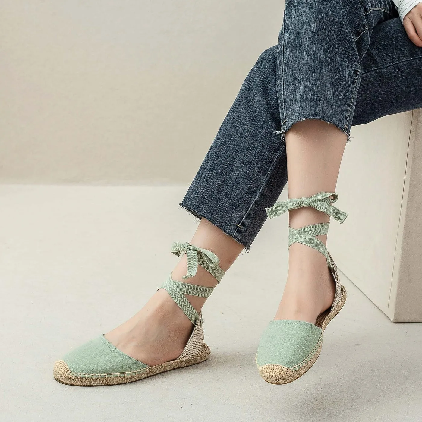 U-lite Women's Espadrille FLat Sandals Closed Toe Ankle Wrap,Classic Lace Up Summer Dressy Flat Shoes