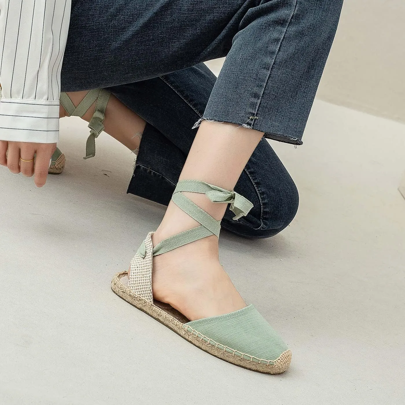 U-lite Women's Espadrille FLat Sandals Closed Toe Ankle Wrap,Classic Lace Up Summer Dressy Flat Shoes