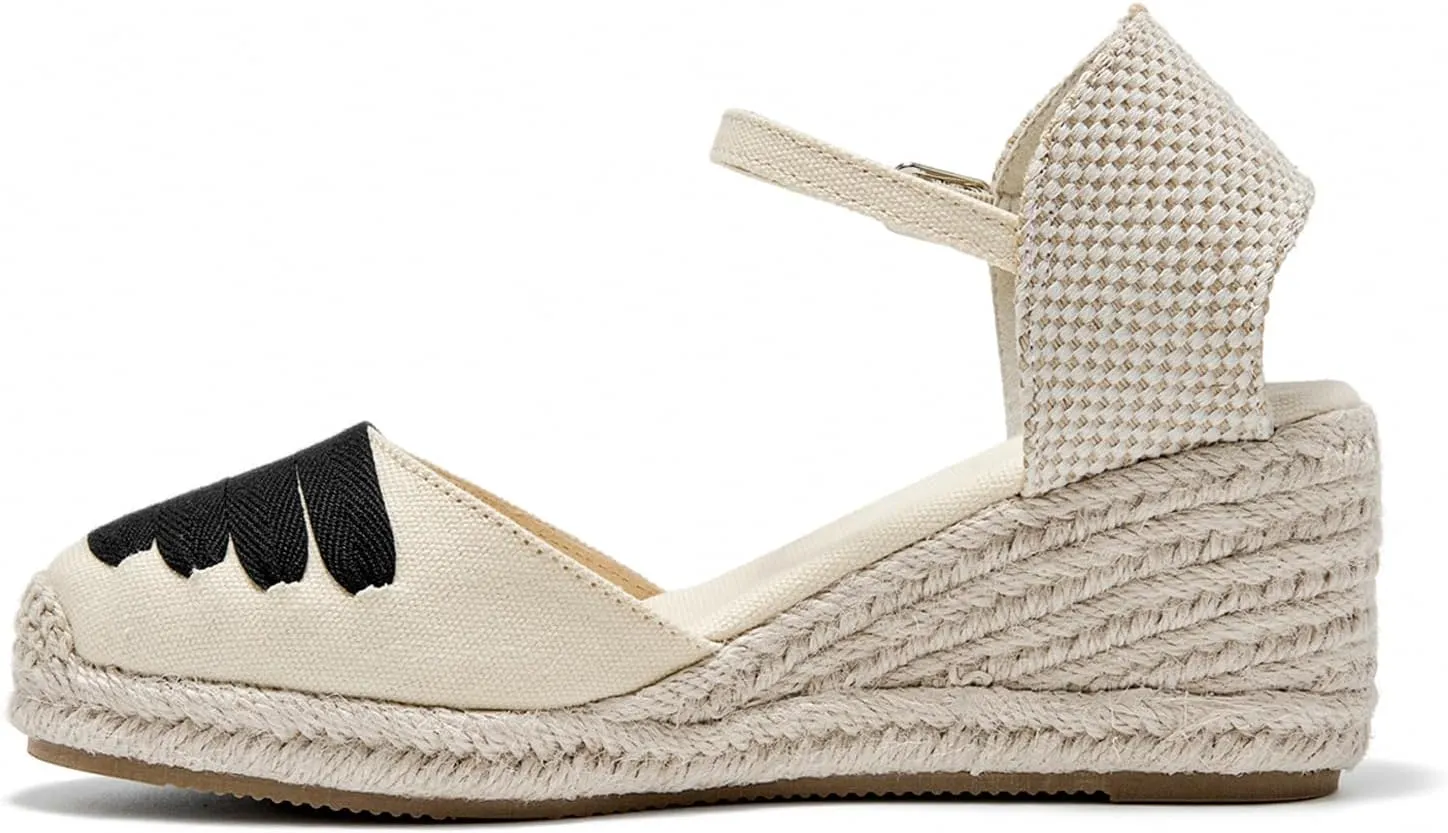 U-lite Womens Espadrille Wedge Sandals Closed Toe Ankle Strap Summer Dress Shoes